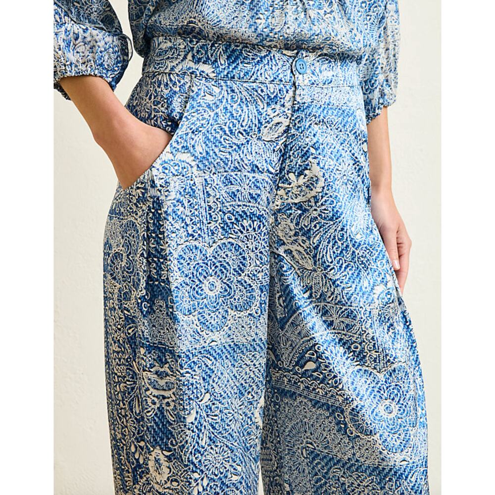 Johnny Was Lauchlen Wide Leg Silk Pants Denim Printed Satin Resort Blue XL NWT - Picture 3 of 12